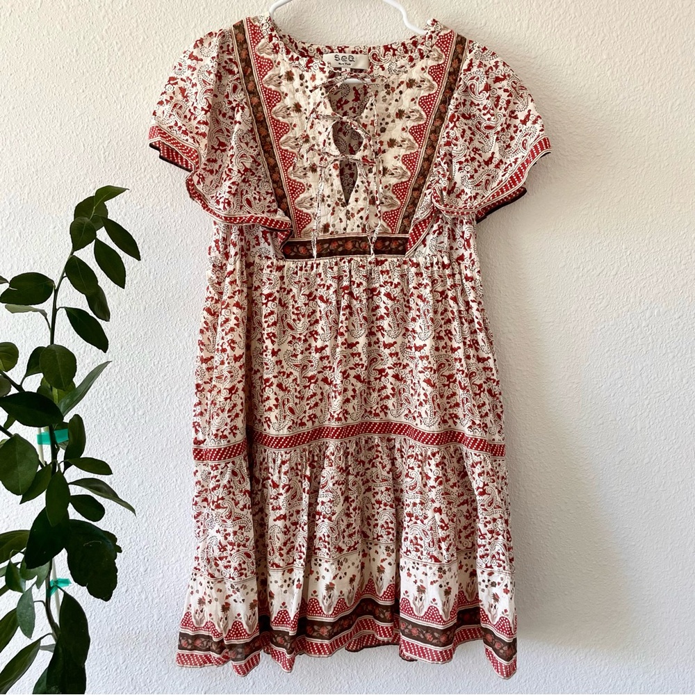 sea ivette tiered printed cotton mini dress red beige boho #0007